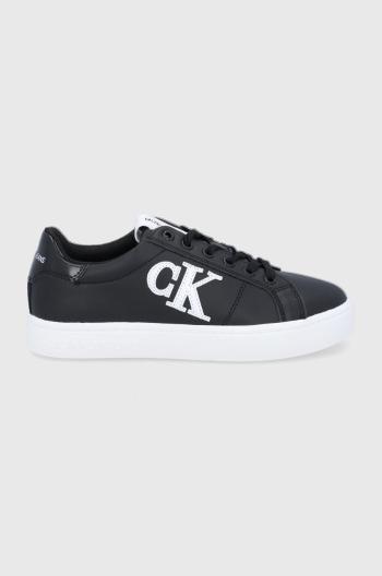 Kožené boty Calvin Klein Jeans černá barva, na plochém podpatku