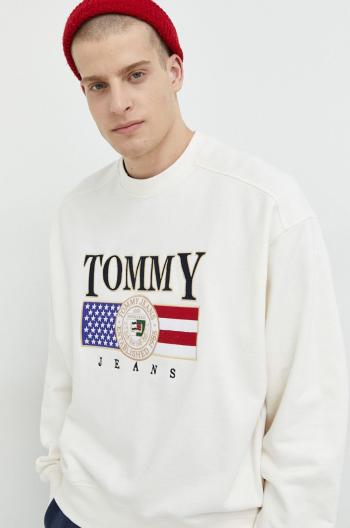 Bavlněná mikina Tommy Jeans pánská, béžová barva, s aplikací