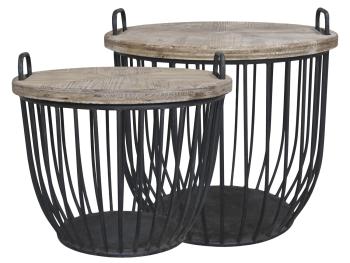 2ks černý antik kovový coffee stolek s dřevěnou deskou Charlotte - Ø57*48 cm 41324-24