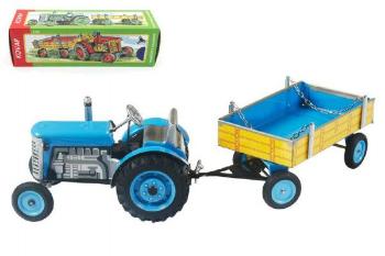 Kovap Zetor Traktor s valníkem modrý na klíček kov 28cm v krabičce