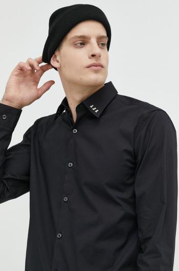 Košile HUGO pánská, černá barva, slim, s klasickým límcem