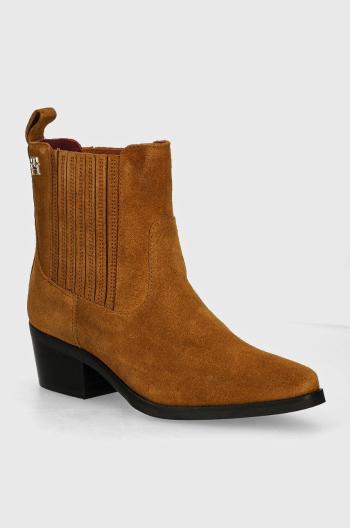 Semišové kotníkové boty Tommy Hilfiger TH SUEDE COWBOY BOOT dámské, hnědá barva, na podpatku, FW0FW08034