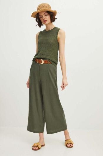 Lněné kalhoty Medicine dámské, zelená barva, střih culottes, high waist