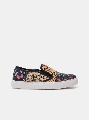 Oranžovo-modré dámské vzorované kožené slip-on Desigual Animal Patch