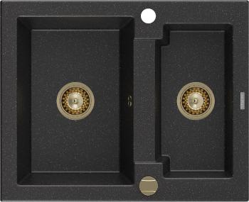 MEXEN/S Carlos granitový dřez 1.5 582x475 mm, czarny/srebrny metalik, + zlatý sifon 6518581500-73-G