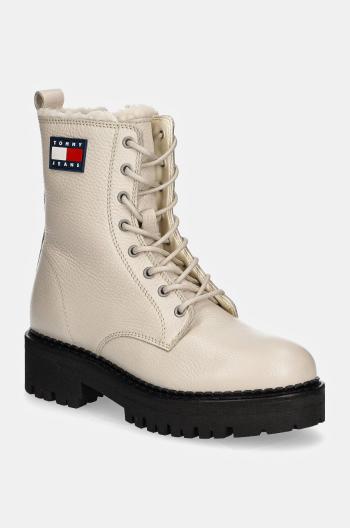 Kožené workery Tommy Jeans TJW URBAN BOOT TUMBLED LTR WL dámské, béžová barva, na plochém podpatku, zateplené, EN0EN02317