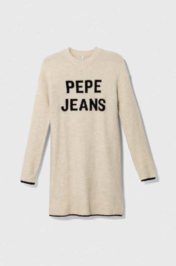 Dětské šaty s příměsí vlny Pepe Jeans béžová barva, mini, oversize