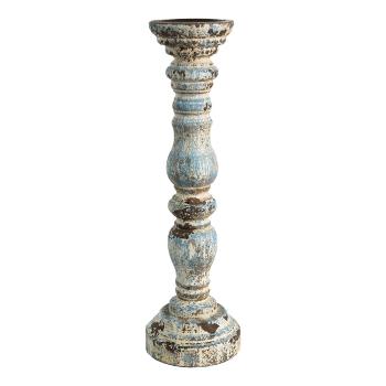 Dřevěný vintage svícen s modro béžovou patinou - Ø 12*40 cm 6H2074