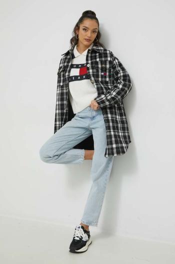 Kabát se směsi vlny Tommy Jeans černá barva, přechodný, oversize