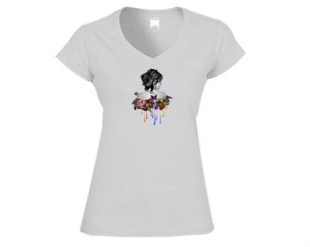 Dámské tričko V-výstřih Dívka s motýly