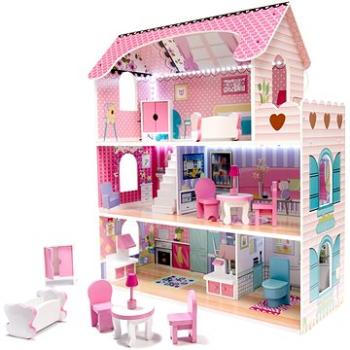 Dřevěný domeček pro panenky + nábytek 70 cm růžový LED (ikonka_KX6484)