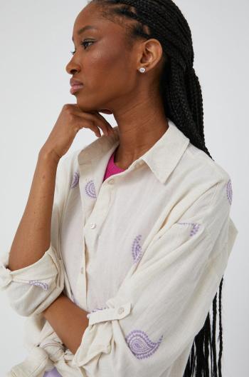 Bavlněné tričko Answear Lab béžová barva, relaxed, s klasickým límcem