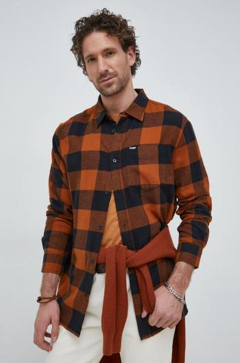 Bavlněné tričko Wrangler hnědá barva, regular, s klasickým límcem