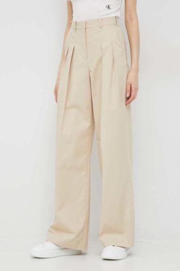 Bavlněné kalhoty Calvin Klein dámské, béžová barva, široké, high waist