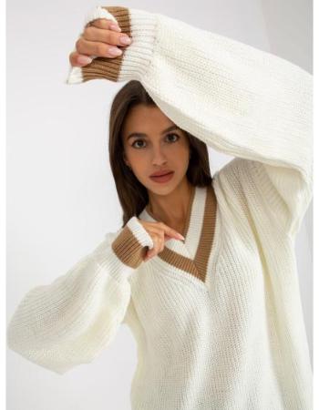 Dámský svetr s výstřihem do V pletený oversize RUE PARIS ecru