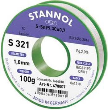 Bezolovnatý pájecí cín Stannol S321 2,0% 1,0MM SN99,3CU0,7CD 100G, bez olova, cívka, 100 g, 1 mm