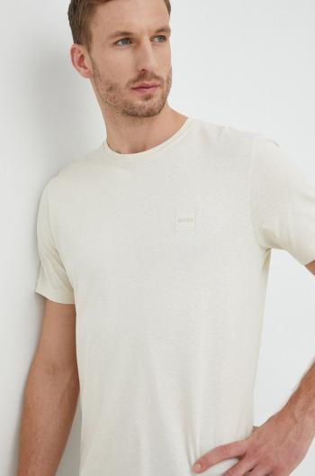 Bavlněné tričko BOSS Boss Casual béžová barva, s aplikací