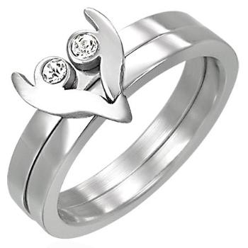 Ocelový prsten ze dvou částí - srdíčko se zirkony - Velikost: 50