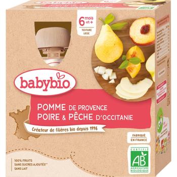 Babybio BIO jablko, hruška, broskev ovocný příkrm 4x90 g