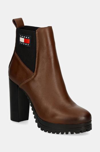 Kožené kotníkové boty Tommy Jeans TJW NEW ESS HIGH HEEL BOOT dámské, hnědá barva, na plochém podpatku, EN0EN02439