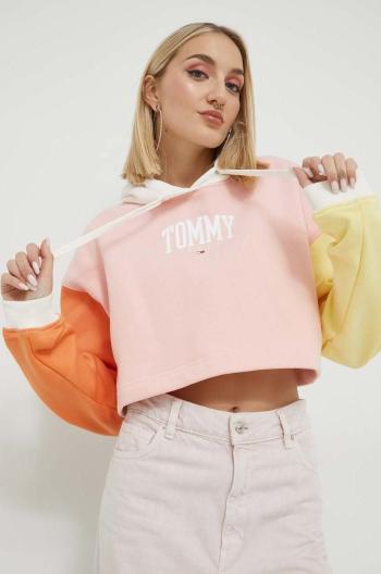 Mikina Tommy Jeans dámská, růžová barva, s kapucí, vzorovaná