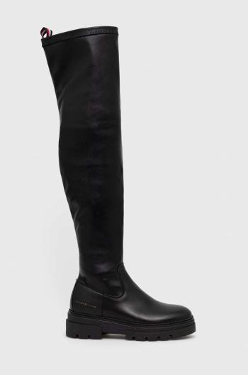 Kožené kozačky Tommy Hilfiger Monochromatic Over The Knee Boot dámské, černá barva, na platformě