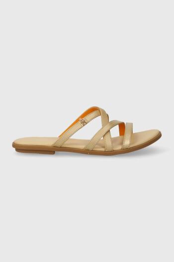 Kožené pantofle Tommy Hilfiger TH STRAP FLAT SANDAL GOLD dámské, zlatá barva, FW0FW08068