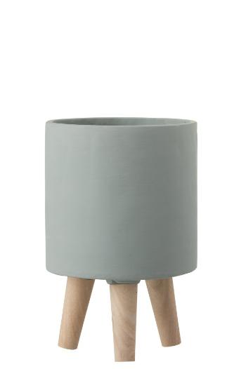 Šedý cementový květináč na dřevěných nožkách - Ø16*24,5 cm 1176