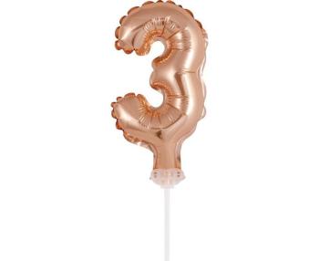 Balón foliový číslice - 3 - RŮŽOVO ZLATÁ - ROSE GOLD 12,5 cm s držákem - GoDan