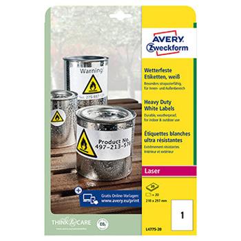 Avery Zweckform etikety 210mm x 297mm, A4, bílé, 1 etiketa, velmi odolné, baleno po 20 ks, L4775-20, pro laserové tiskárny a kopír