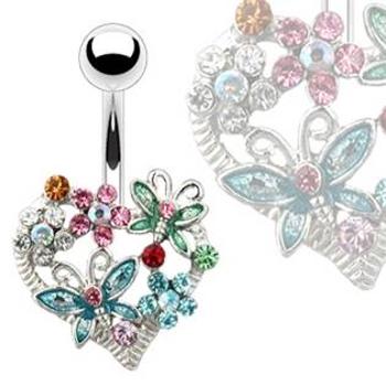 Šperky4U Piercing do pupíku - srdce zdobené motýlky - WP01033