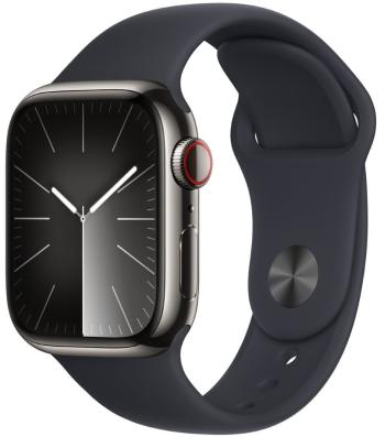 Apple Watch Series 9, Cellular, 41mm, Graphite Stainless Steel, Midnight Sport Band - S/M (MRJ83QC/A)