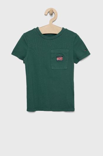 Dětské bavlněné tričko Tommy Hilfiger zelená barva, s aplikací