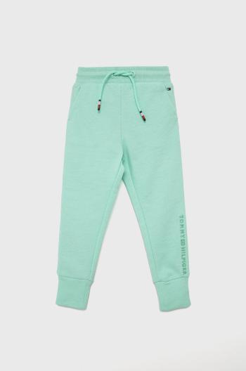 Dětské bavlněné kalhoty Tommy Hilfiger tyrkysová barva, s aplikací