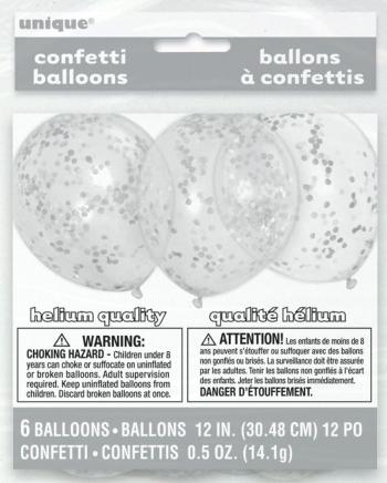 Balónky 6 ks 30 cm - průhledné s konfety stříbrnými - UNIQUE