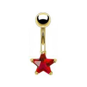 Šperky4U Pozlacený piercing do pupíku - hvězda, červený kamínek - WP01056-R