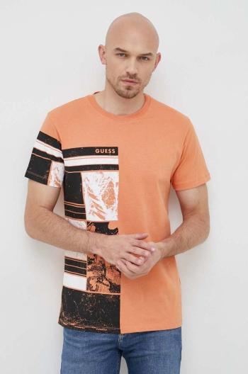 Bavlněné tričko Guess oranžová barva, s potiskem