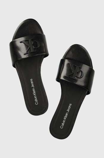 Kožené pantofle Calvin Klein Jeans FLAT SANDAL STRAP HW dámské, černá barva, YW0YW00952