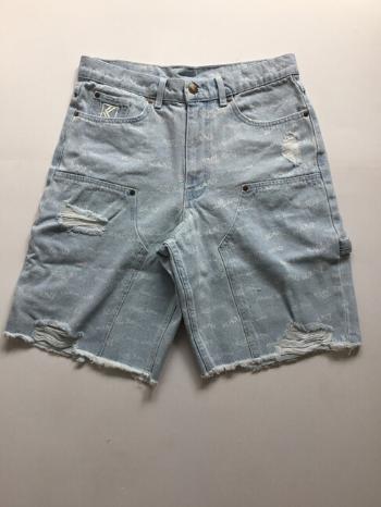 Karl Kani Og Heavy Distressed Wavy Print Carpenter Denim Shorts bleached blue - W 34