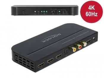 Delock Přepínač HDMI, 3 x vstupní porty HDMI na 1 x výstupní port HDMI, 4K 60 Hz, s extraktorem zvuku