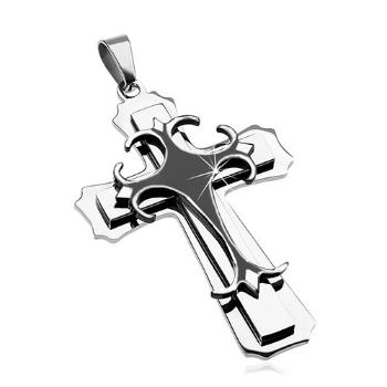 Přívěsek z chirurgické oceli - velký kříž, kombinace černé a stříbrné barvy