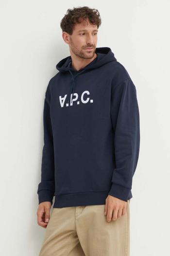 Bavlněná mikina A.P.C. pánská, tmavomodrá barva, s kapucí, s potiskem