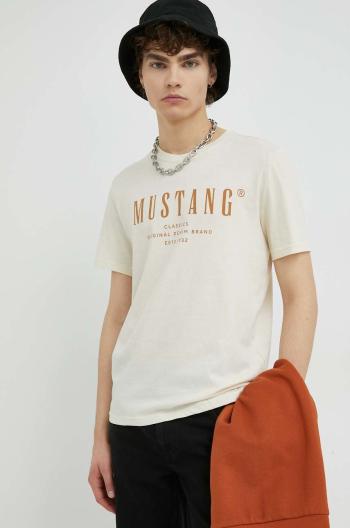 bavlněné tričko Mustang , béžová barva, s potiskem