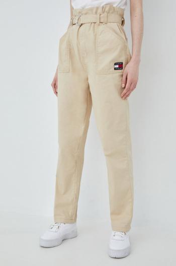 Bavlněné kalhoty Tommy Jeans dámské, béžová barva, jednoduché, high waist