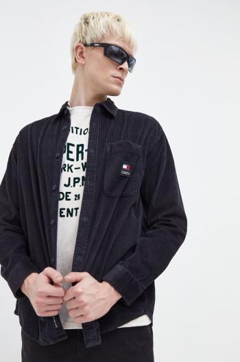 Manšestrová košile Tommy Jeans černá barva, relaxed, s klasickým límcem, DM0DM18324