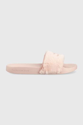 Pantofle Calvin Klein Jeans Slide Fur dámské, růžová barva