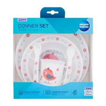 Canpol babies Cute Animals Dinner Set Bird nádobí miska 270 ml + hrnek 170 ml + talíř + lžíce + vidlička pro děti