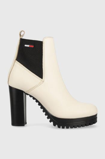 Kožené kotníkové boty Tommy Jeans Essentials High Heel Boot dámské, béžová barva, na podpatku