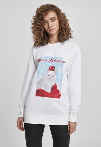 Mr. Tee Ladies Merry Christmas Cat Crewneck white - L