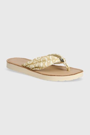 Žabky Tommy Hilfiger TH EMBLEM ELEVATED BEACH SANDAL dámské, béžová barva, na plochém podpatku, FW0FW07847